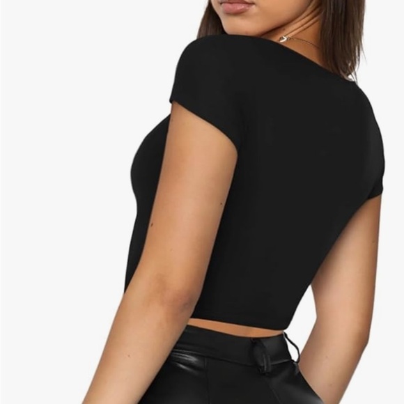 NWT REORIA  Trendy Sexy V Neck Short Sleeve Double Lined Slimming T Shirts Crop - Picture 3 of 8